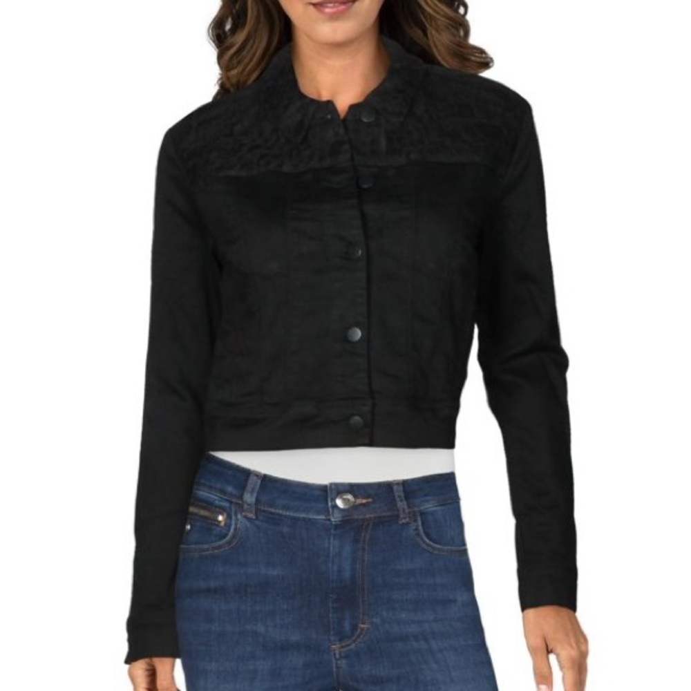 J Brand Womens Harlow Jean Cropped Lace Inset Denim Jacket - Stargazer Black